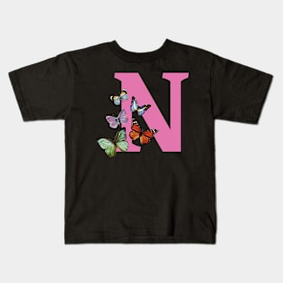 Letter pink N with colorful butterflies Kids T-Shirt